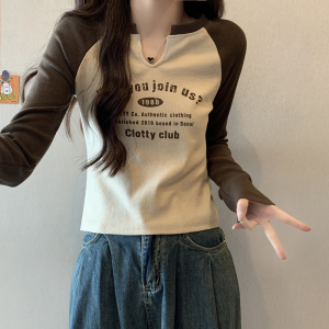RM23023#多巴胺秋季新款穿搭长袖T恤女修身显瘦设计感V领纯棉打底衫上衣