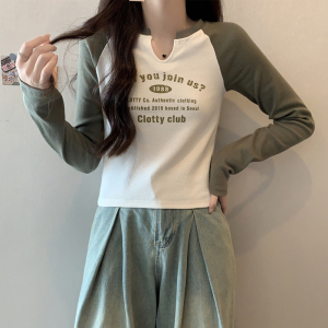 RM23023#多巴胺秋季新款穿搭长袖T恤女修身显瘦设计感V领纯棉打底衫上衣