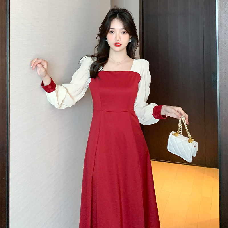 實拍酒紅色連衣裙子敬酒服新娘高級感回門服平時可穿婚禮訂婚禮服