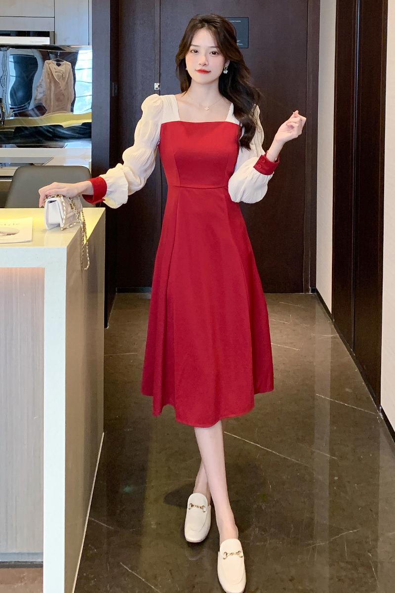 實拍酒紅色連衣裙子敬酒服新娘高級感回門服平時可穿婚禮訂婚禮服