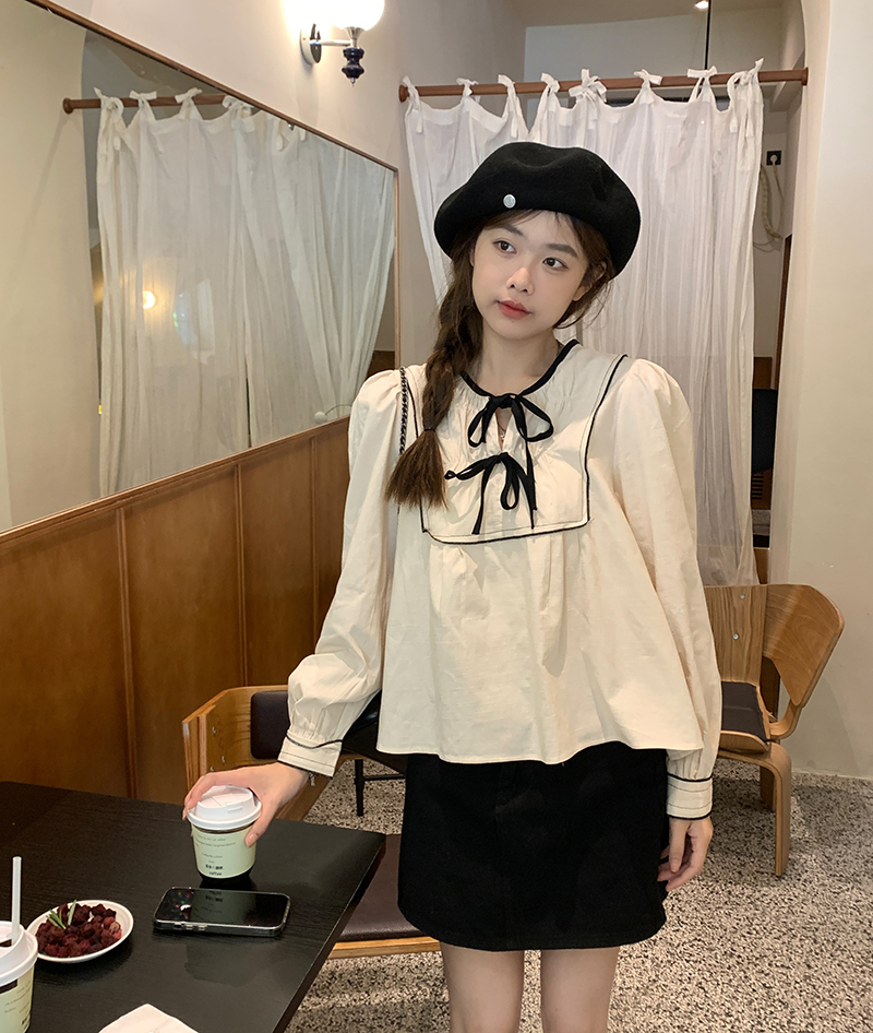 Actual shot Korean spring new style retro temperament sweet lace-up puff long-sleeved shirt women's top