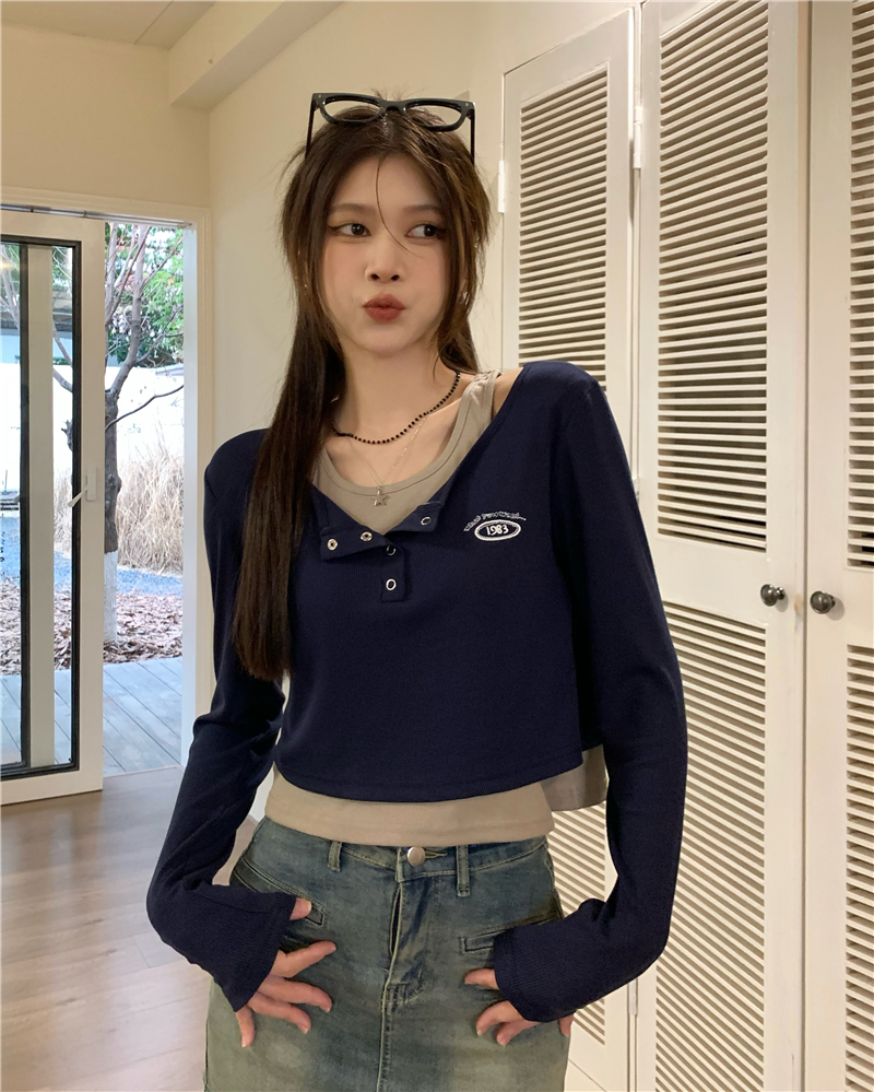 Real shot of American retro hottie slim-fitting fake two-piece long-sleeved T-shirt 2024 spring new bottoming top