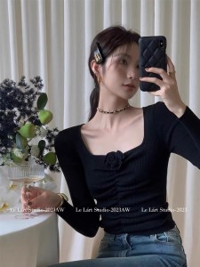 RM21904#新款韩版设计感花朵压褶修身针织衫小众纯欲百搭显瘦上衣