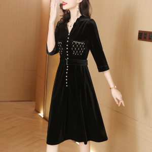 RM22993#名媛气质丝绒连衣裙女秋2023新款高端精致显瘦黑色设计感裙子