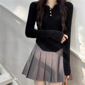 RM23367#不规则v领水貂绒内搭打底衫女秋冬季软糯毛衣修身短款针织衫上衣