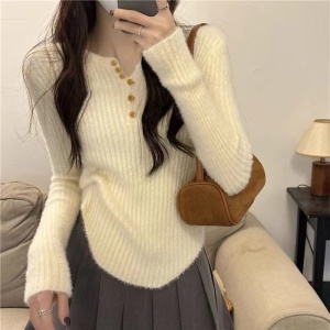 RM23367#不规则v领水貂绒内搭打底衫女秋冬季软糯毛衣修身短款针织衫上衣