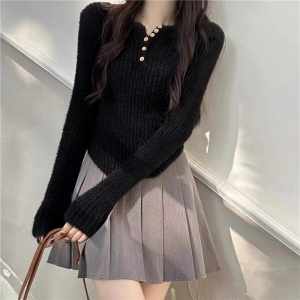 RM23367#不规则v领水貂绒内搭打底衫女秋冬季软糯毛衣修身短款针织衫上衣