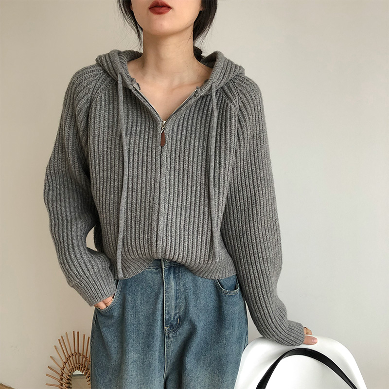 Korean college style hooded short knitted cardigan top spring and autumn sweater jacket female loose lazy style