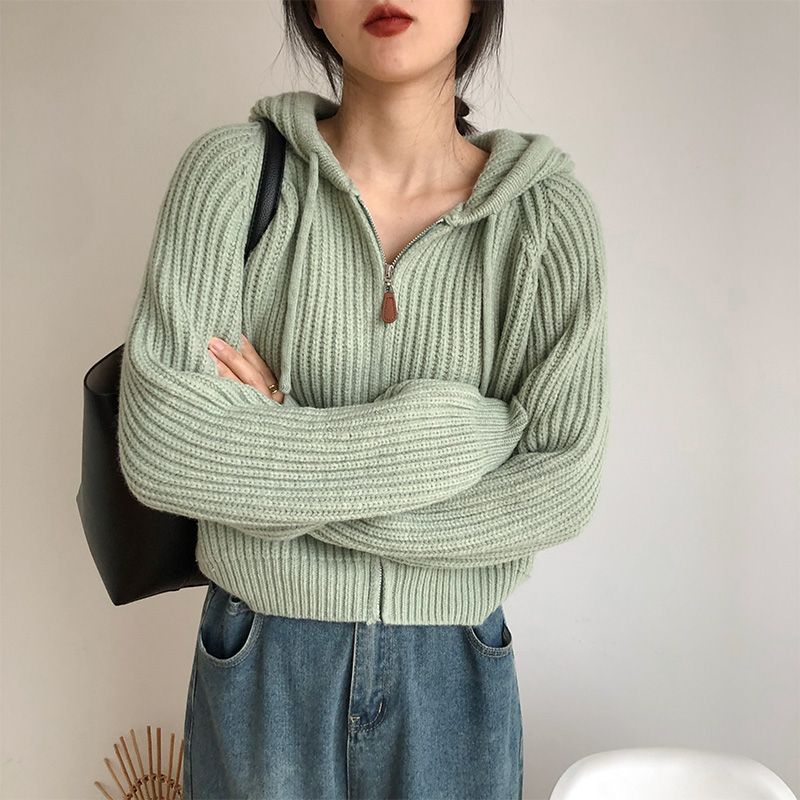 Korean college style hooded short knitted cardigan top spring and autumn sweater jacket female loose lazy style