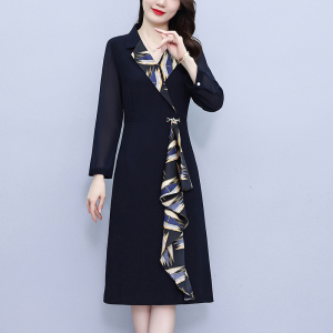 RM22436#新款洋气高贵气质时尚中年妈妈印花拼接连衣裙