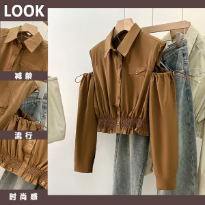 TR49041# 秋新款韩版个性撞色露肩设计泡泡长袖POIO领衬衣韩国大东门  服装批发女装批发服饰货源