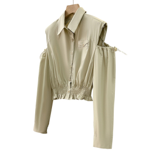 TR49041# 秋新款韩版个性撞色露肩设计泡泡长袖POIO领衬衣韩国大东门  服装批发女装批发服饰货源