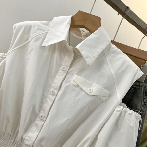 TR49041# 秋新款韩版个性撞色露肩设计泡泡长袖POIO领衬衣韩国大东门  服装批发女装批发服饰货源