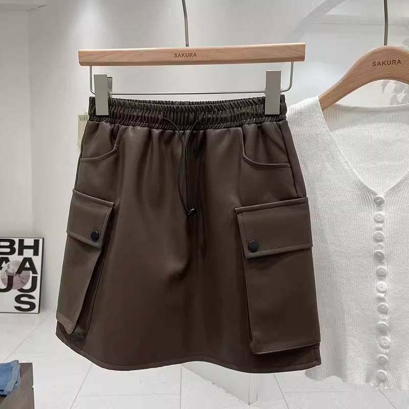 American retro hot girl high waist tooling PU leather skirt female  autumn new slim and niche temperament skirt