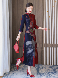 RM24340#新款改良旗袍连衣裙妈妈装显瘦印花长裙复古中国风连衣裙