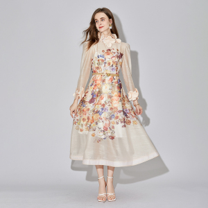 TR56402# 度假风小众感设计风长袖高级印花连衣裙长裙
