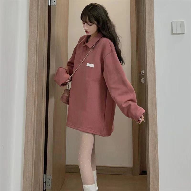 6535 Fish Scale Back Wrap Collar Pink POLO Collar Sweater Long Sleeve Couple Loose Mid-length Versatile Top Women