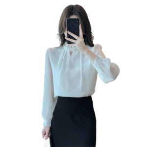 RM21646#新款法式珍珠立领雪纺衫衬衫薄款长袖洋气小衫