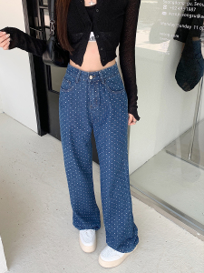TR54181# 波点印花牛仔裤女小众秋季新款高腰直筒拖地阔腿长裤潮 服装批发女装批发服饰货源