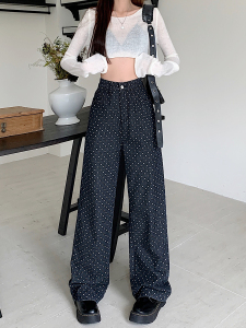 TR54181# 波点印花牛仔裤女小众秋季新款高腰直筒拖地阔腿长裤潮 服装批发女装批发服饰货源