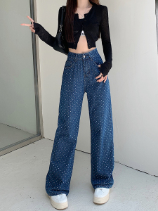 TR54181# 波点印花牛仔裤女小众秋季新款高腰直筒拖地阔腿长裤潮 服装批发女装批发服饰货源
