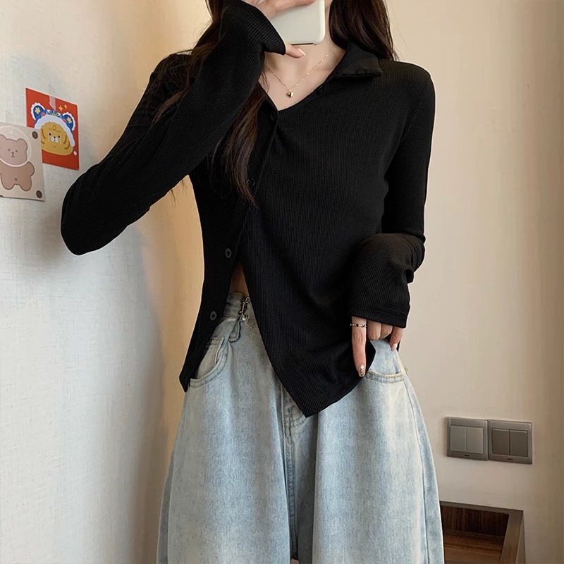 Polo collar long-sleeved T-shirt women's spring and autumn slit fork hot girl pure desire self-cultivation top bottoming shirt