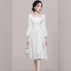 RM22217#新款女装法式气质复古方领灯笼袖白色中长款连衣裙