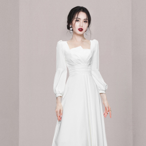 RM22217#新款女装法式气质复古方领灯笼袖白色中长款连衣裙