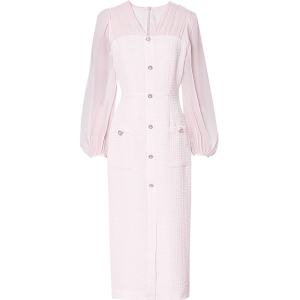 RM22216#女装气质法式灯笼袖修身收腰显瘦中长款V领连衣裙