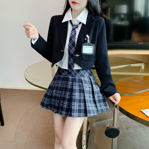 TR53105# 秋季新款学院风西装JK制服外套泡泡袖衬衫百褶裙三件套装女 服装批发女装批发服饰货源