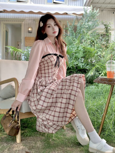 RM24047#大码女装粉色格子长袖连衣裙遮肚假两件拼接衬衫裙a字裙