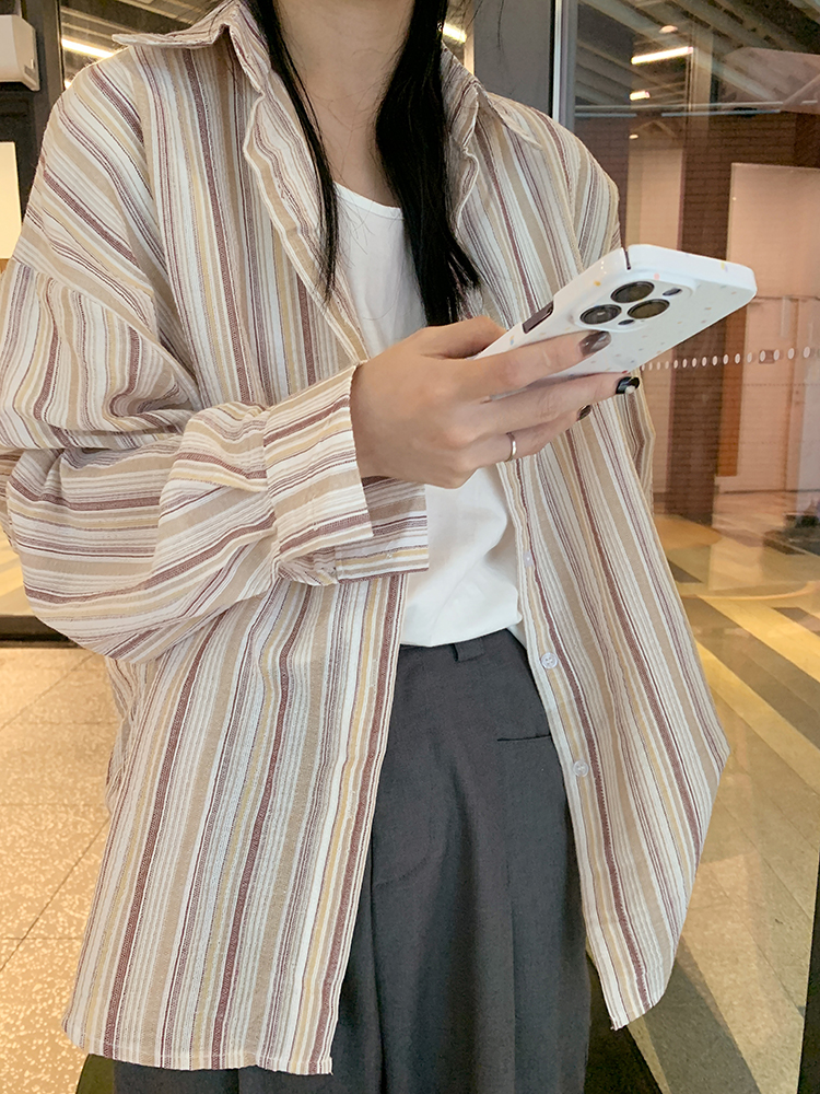 Real shot Korean style color block striped loose sun protection shirt
