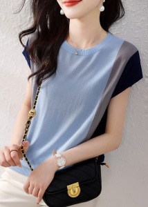 RM21949#优雅撞色2023夏季新款韩版V领接T恤设计感针织T恤女