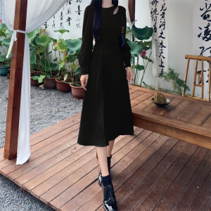 RM21647#法国恋人法式时尚气质优雅收腰显瘦镂空长袖连衣裙