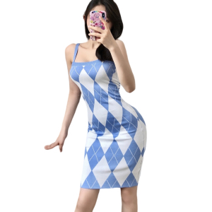 TR48390# 秋装新款时尚性感短款格子开衫外套+修身显瘦包臀吊带连衣裙套装 服装批发女装批发服饰货源