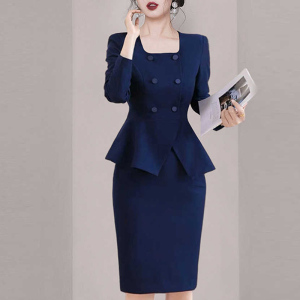 RM22327#OL职业方领套装女2023早秋新款遮肚子显瘦高级感通勤工作服两件套