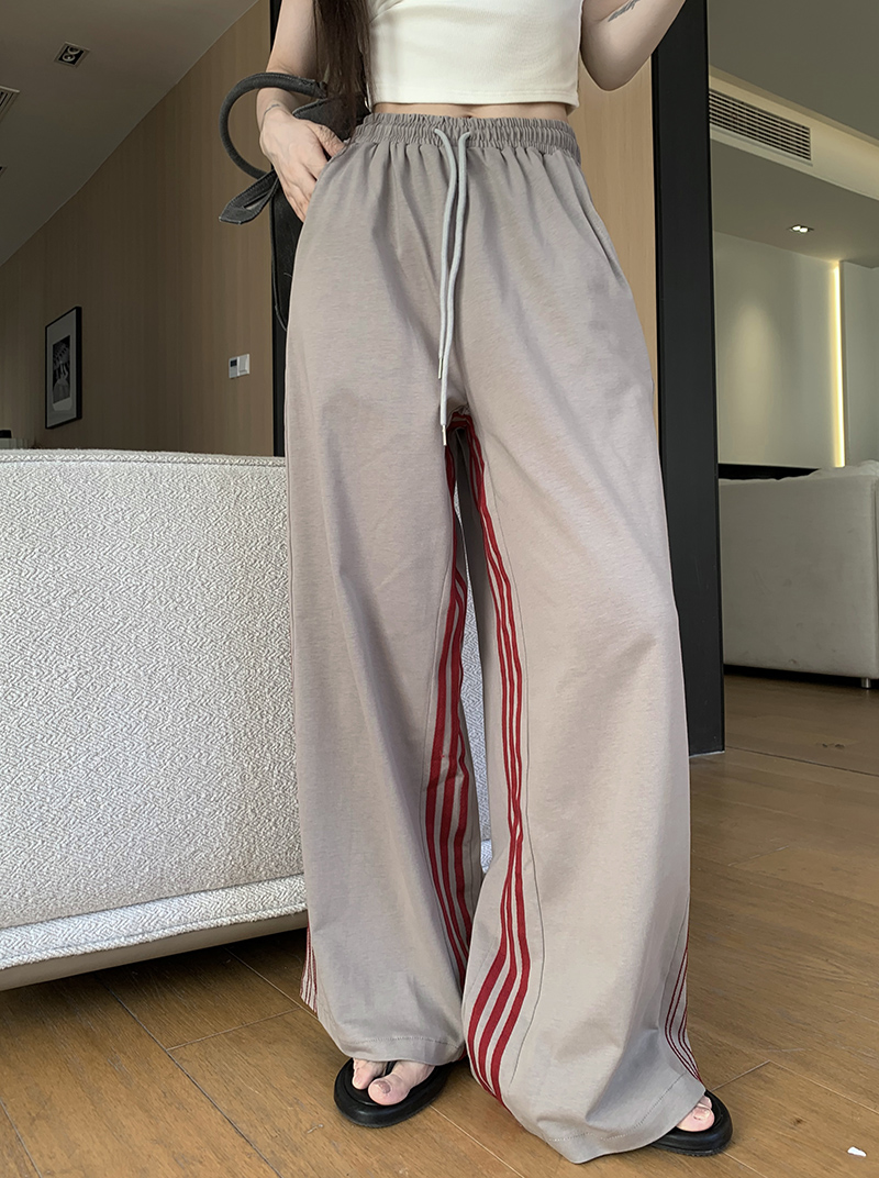 American Retro Loose Striped Casual Pants Women's High Waist Straight Drape Drawstring Floor-Mopping Pants