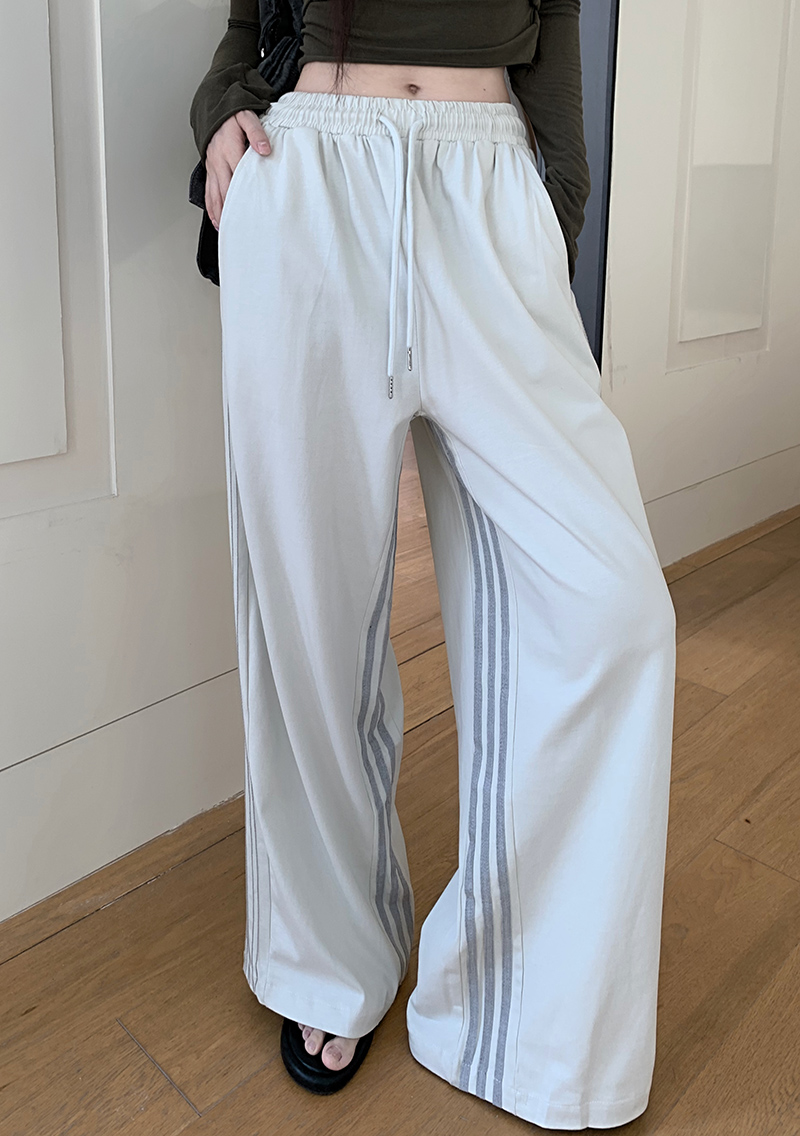 American Retro Loose Striped Casual Pants Women's High Waist Straight Drape Drawstring Floor-Mopping Pants
