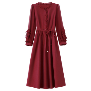 RM21748#喜婆婆婚宴装酒红色连衣裙女春秋年轻妈妈高贵洋气礼服平时可穿