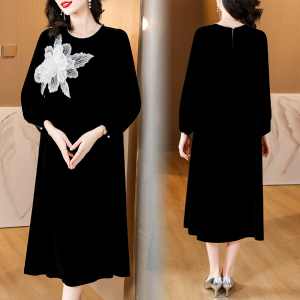 RM24130# 中式国风丝绒大码连衣裙2023早秋新款气质宽松显瘦小黑裙