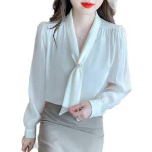 RM21645#职业装衬衫女新款女上衣V领气质蕾丝拼接袖雪纺衫上衣女