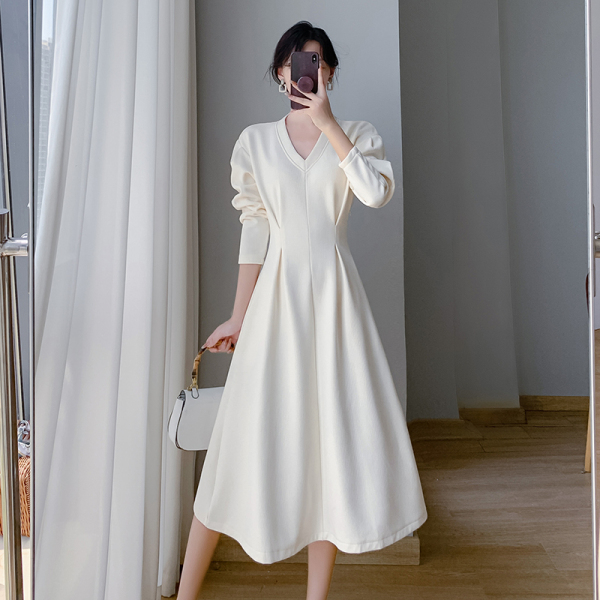 RM21919#连衣裙韩版X型V领套头纯色
