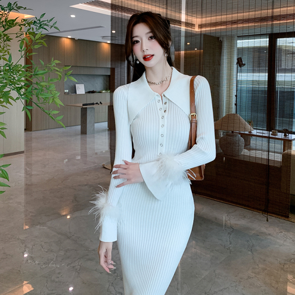 RM24857#新款韩版袖口毛毛超修身中长连衣裙针织面料