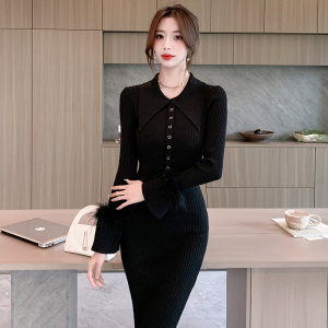 RM24857#新款韩版袖口毛毛超修身中长连衣裙针织面料