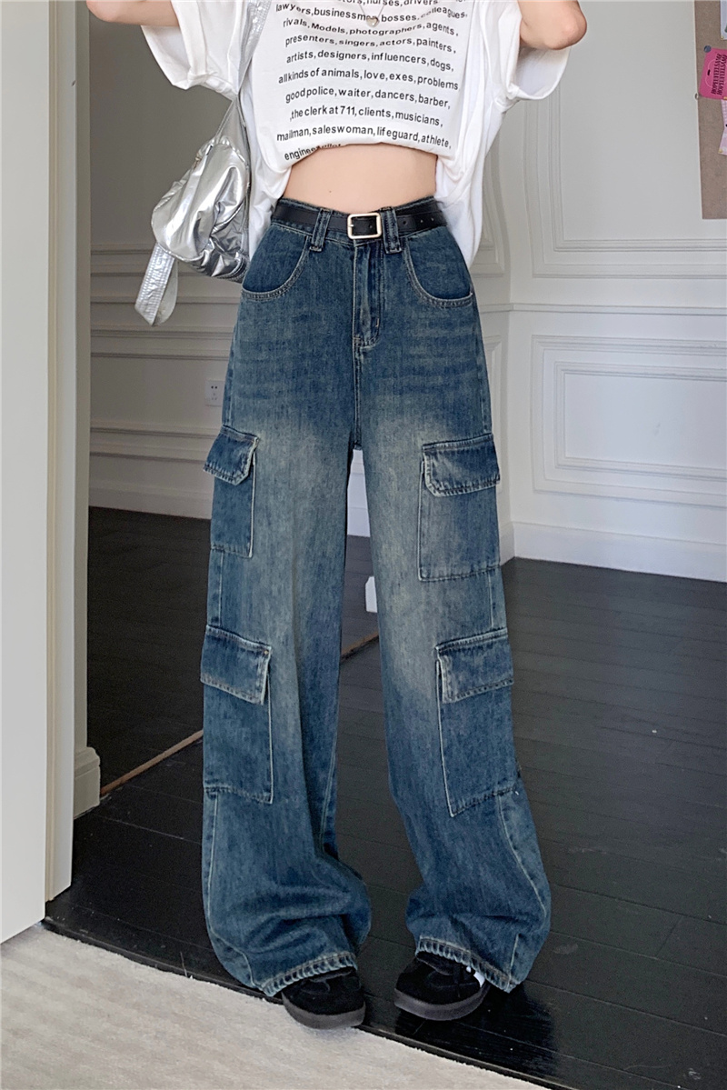 ~New design pocket high street jeans women's high waist slimming wide leg workwear floor mopping trousers