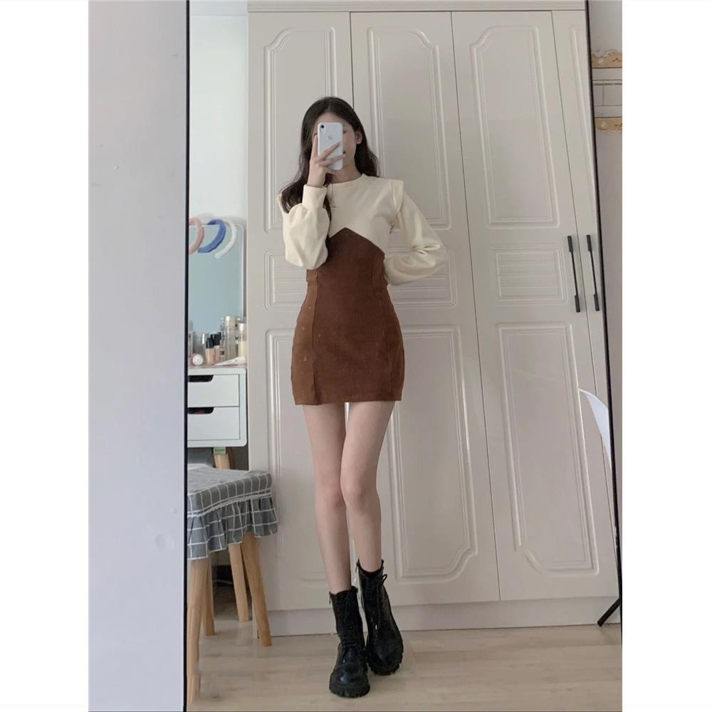 French design long-sleeved dress women's autumn and winter new style bottoming with elegant hip-hugging short skirt