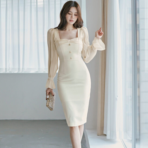 RM23451#新款韩版时尚方领拼接束口喇叭袖修身显瘦气质包臀连衣裙