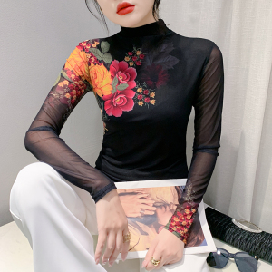 RM22381#时尚洋气长袖高领网纱t恤女定位花上衣