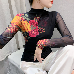 RM22381#时尚洋气长袖高领网纱t恤女定位花上衣