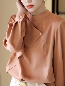 TR58189# 优雅就是我对生活执着的追求砖橘色缎面设计感小立领衬衣女 服装批发女装批发服饰货源